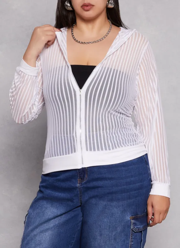 Plus Size Mesh Shadow Striped Zip Front Hoodie sold by Rainbow