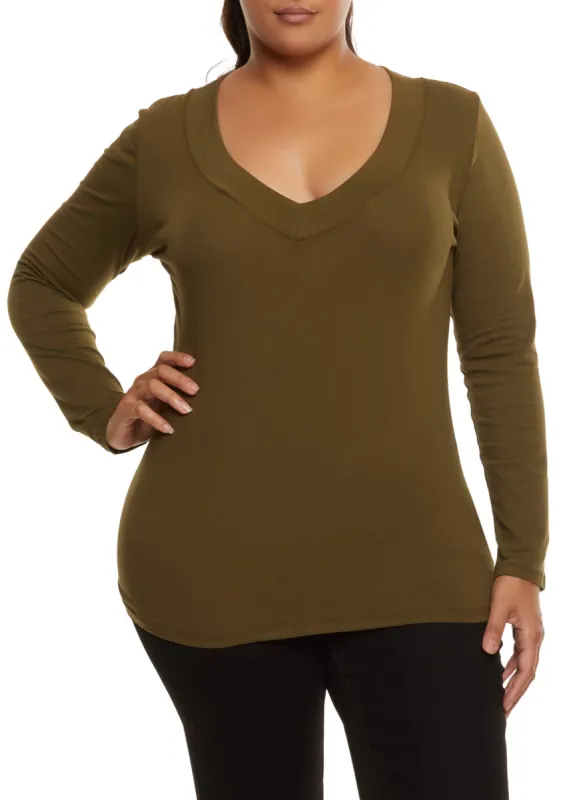 Plus Size Solid V Neck Long Sleeve Tee sold by Rainbow