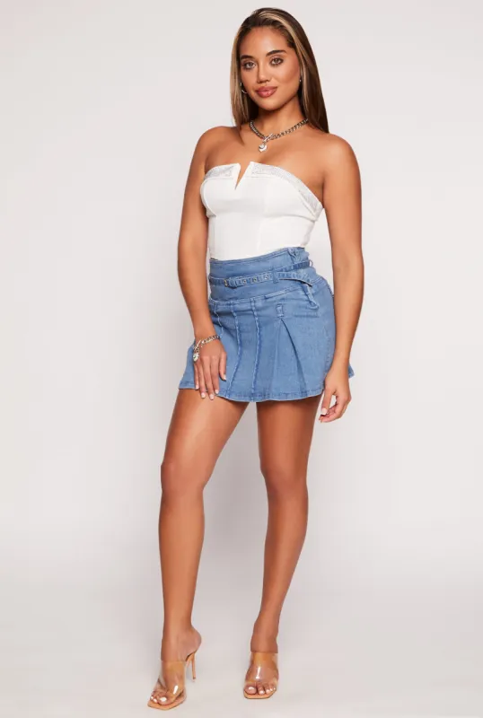 Belted Denim Pleated Mini Skirt sold by Rainbow