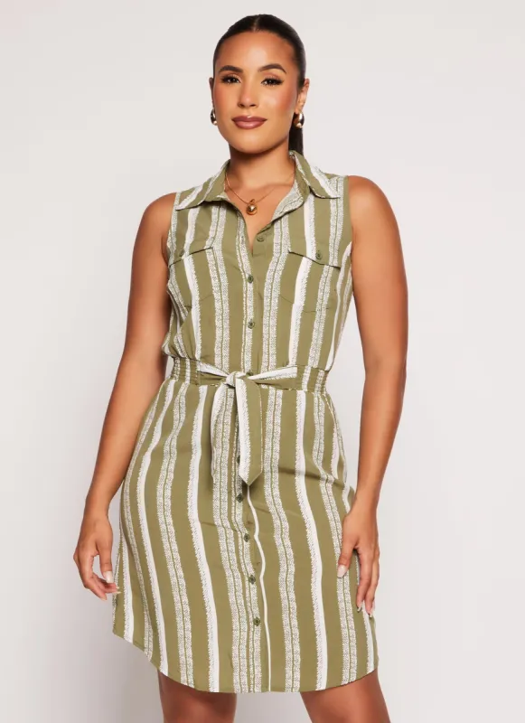 Striped Button Front Smocked Tie Waist Shirt Dress sold by Rainbow