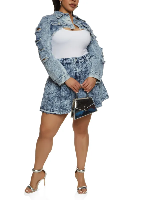 Plus Size Acid Wash Distressed Shrug Denim Jacket sold by Rainbow