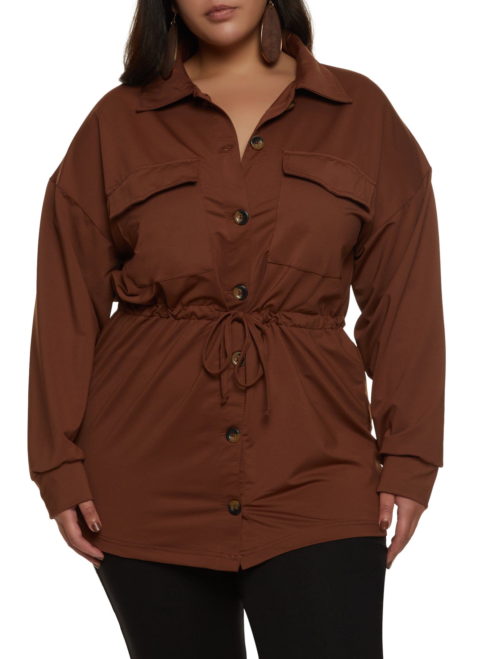 Plus Size Drawstring Waist Button Front Shirt sold by Rainbow