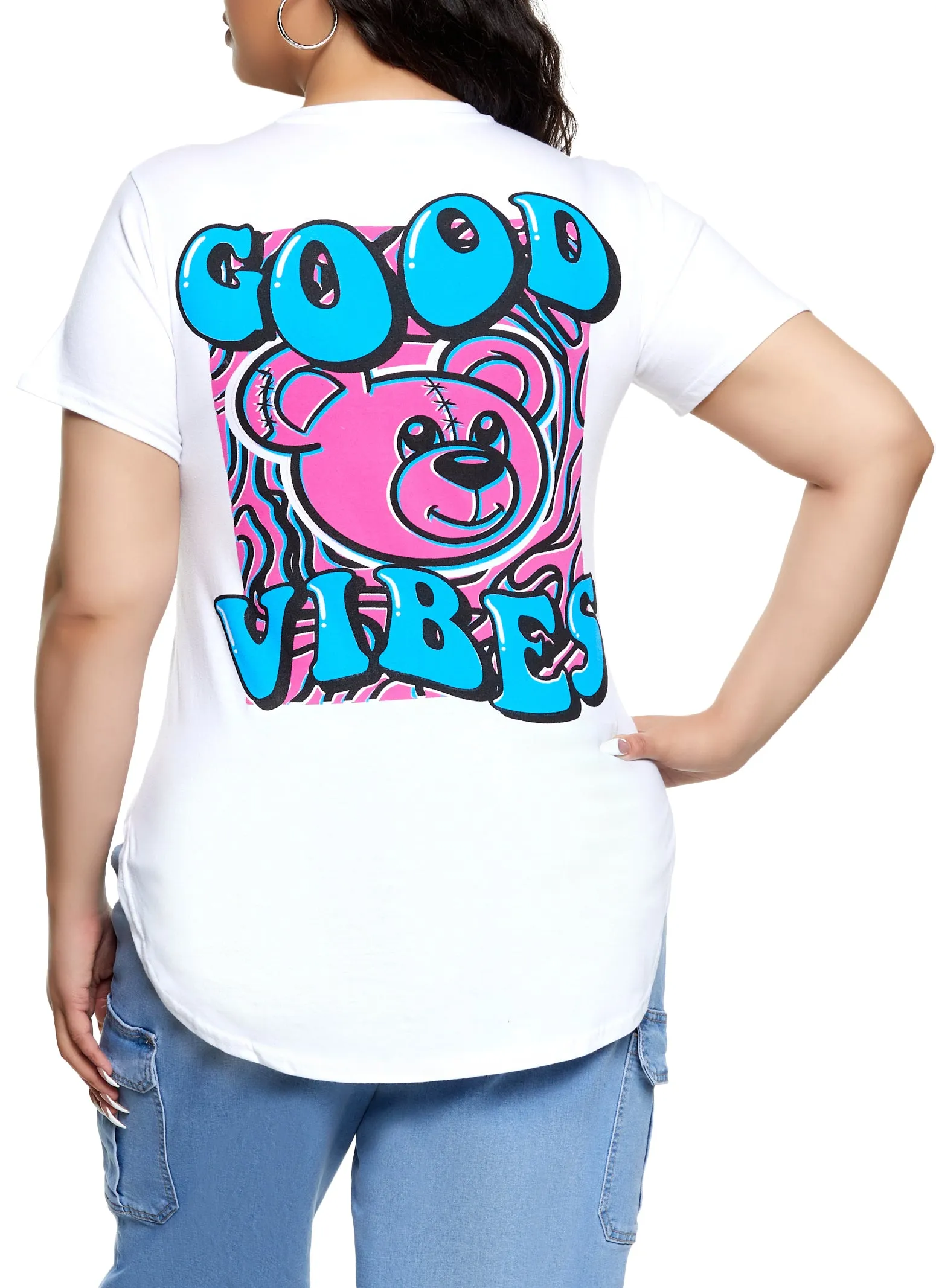 Plus Size Good Vibes Bear High Low Hem Graphic Tee sold by Rainbow