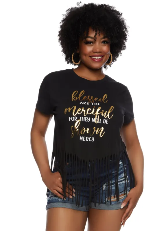 Plus Size Fringe Hem Blessed Foil Graphic T Shirt sold by Rainbow