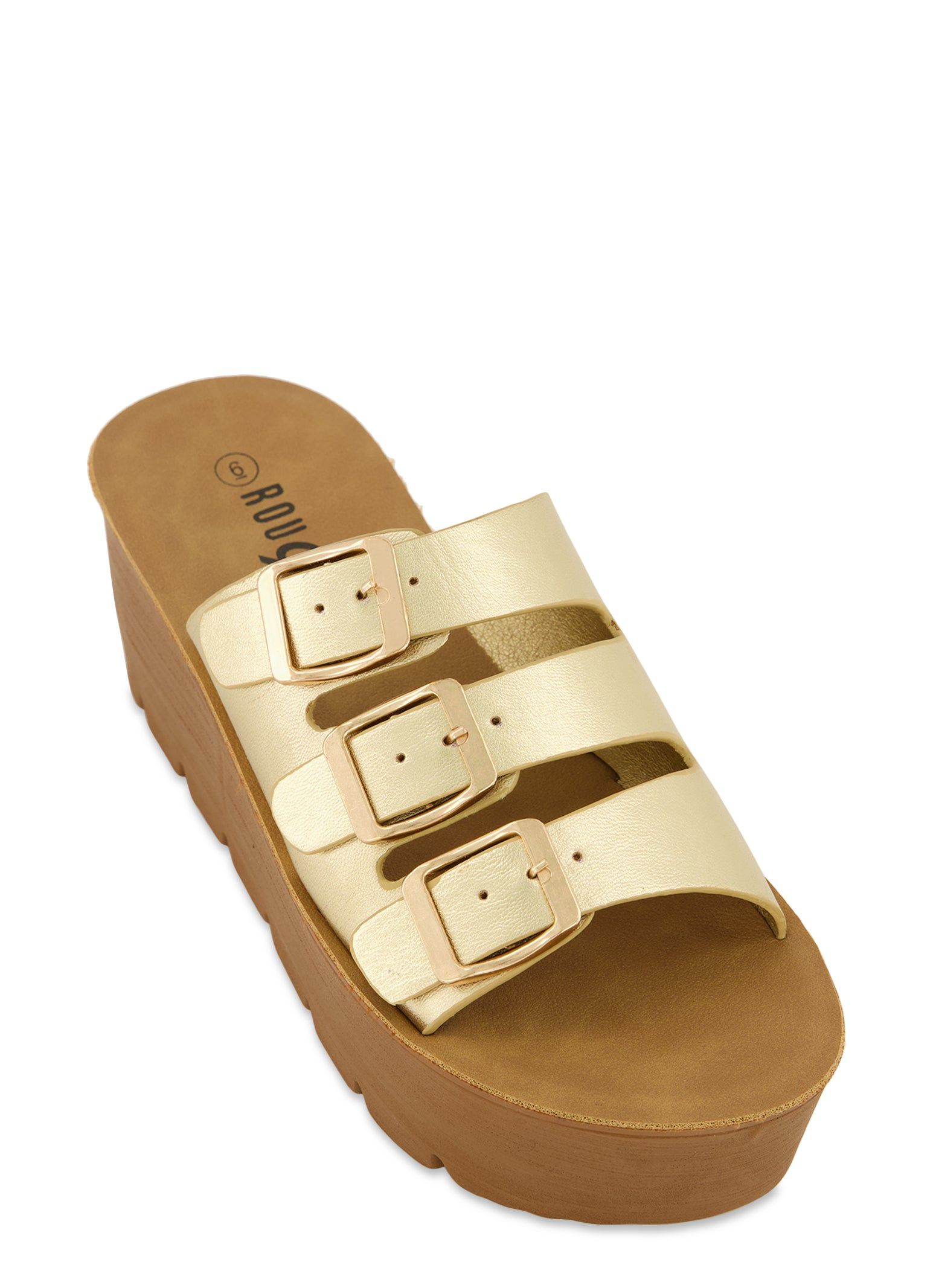 Buckle Detail Wedge Mules sold by Rainbow