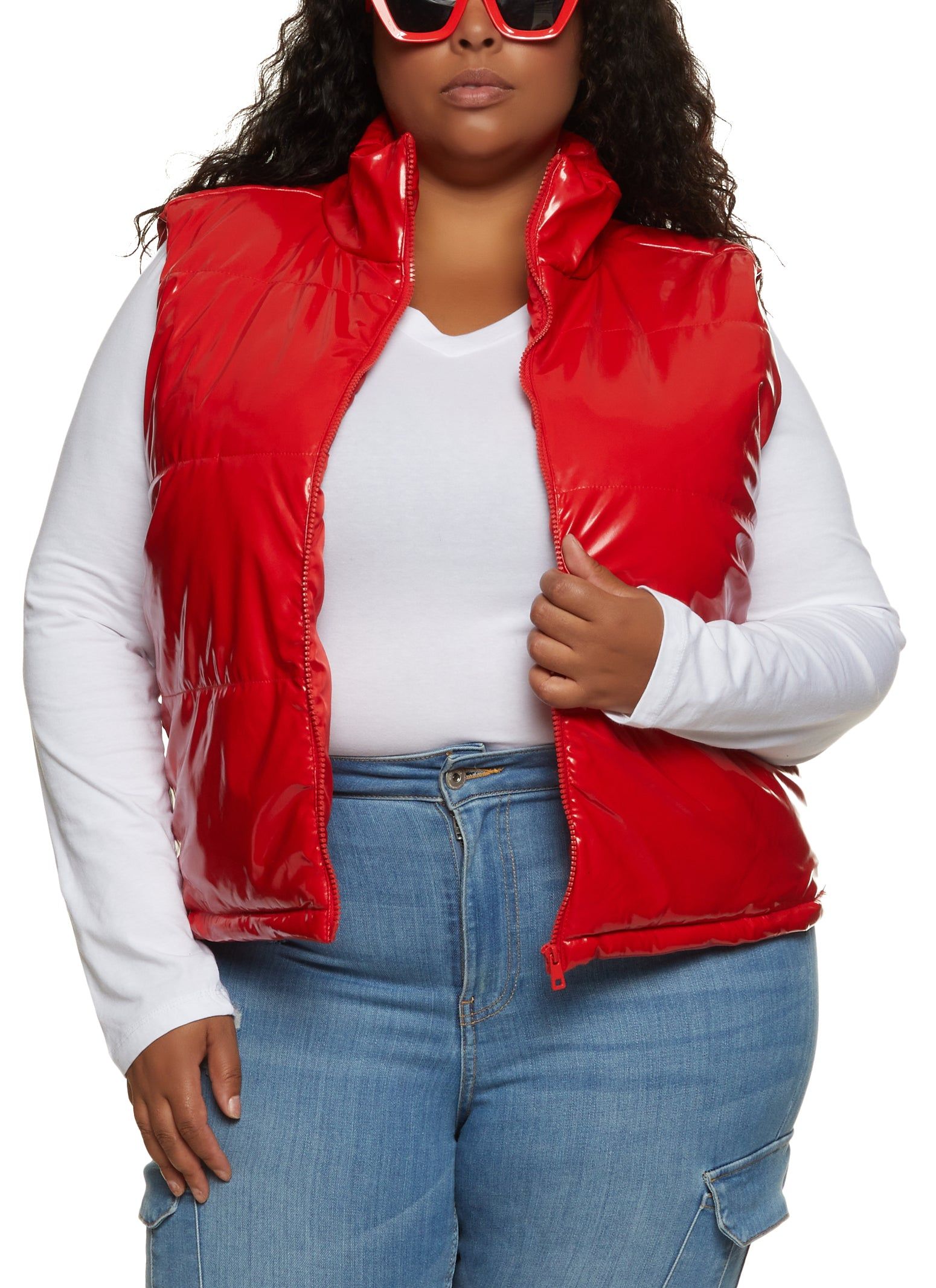 Plus Size Zip Front Faux Patent Leather Puffer Vest sold by Rainbow