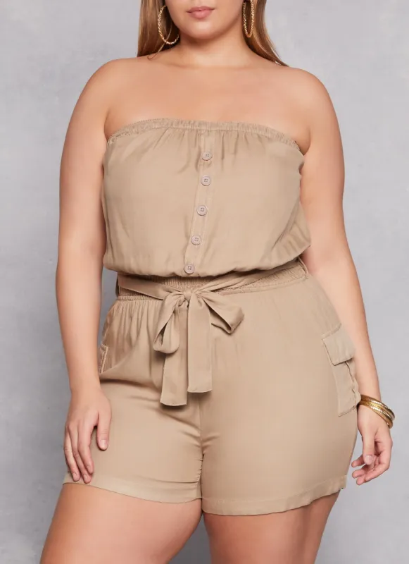 Plus Size Faux Button Smocked Tie Waist Romper sold by Rainbow