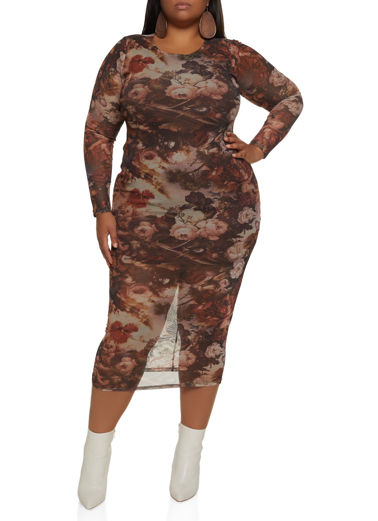 Plus Size Mesh Floral Midi Dress sold by Rainbow