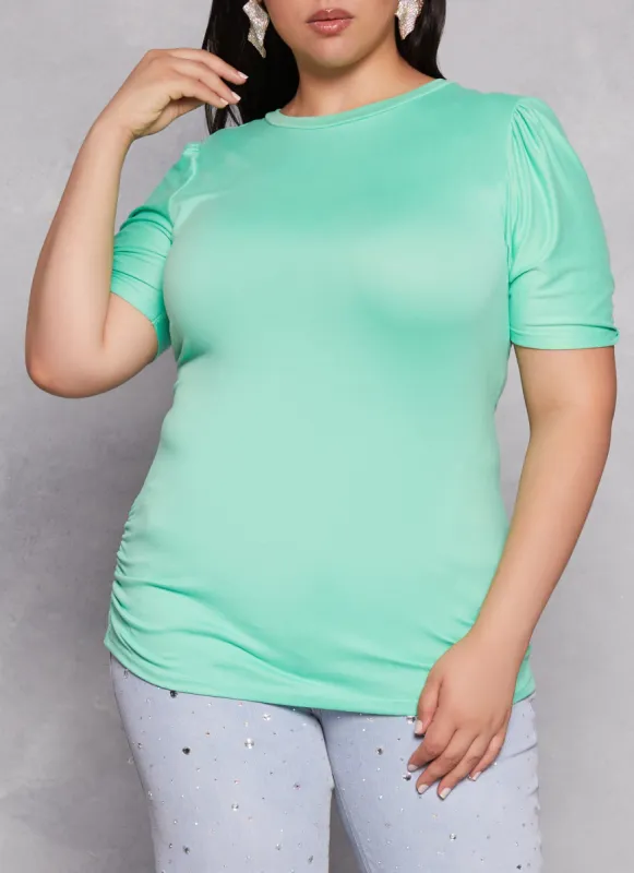 Plus Size Basic Crew Neck Ruched Side Tee sold by Rainbow