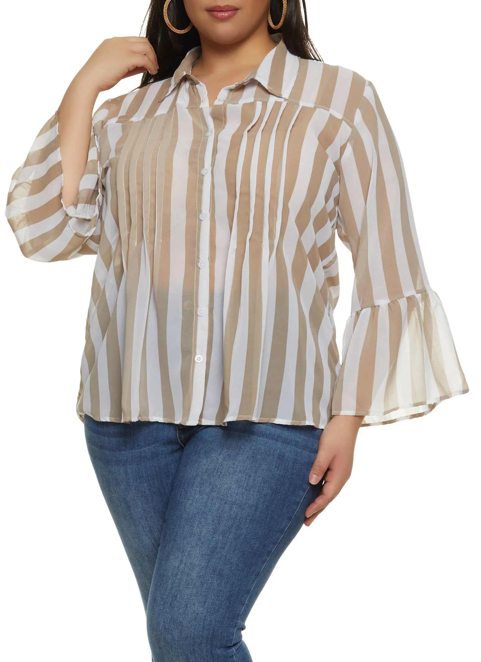 Plus Size Chiffon Bell Sleeve Striped Shirt sold by Rainbow