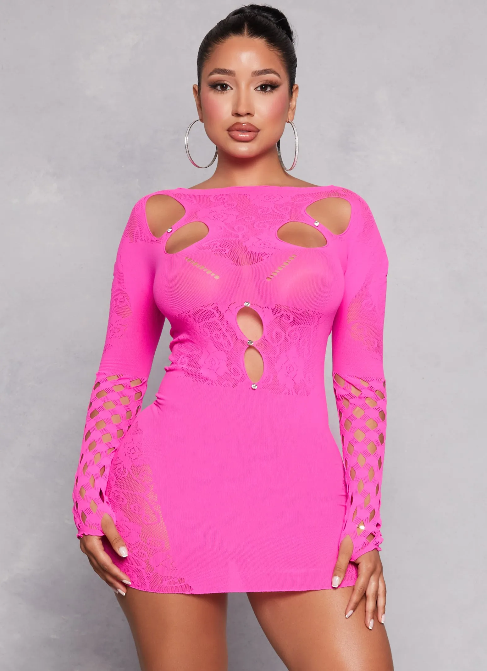 Seamless Rhinestone Long Sleeve Cut Out Mini Dress sold by Rainbow
