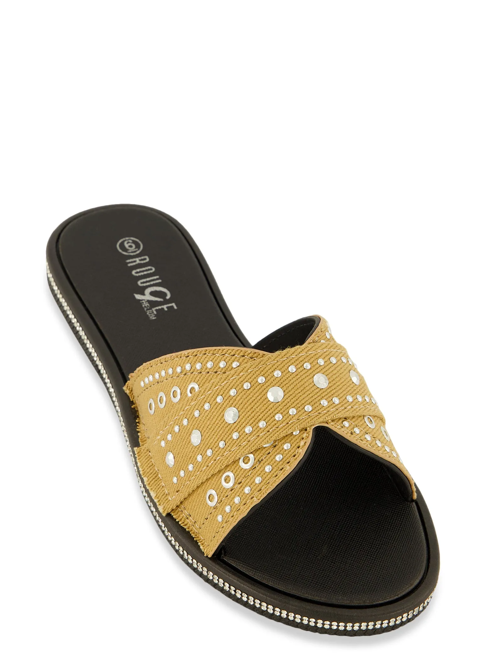 Studded Band Rhinestone Trim Slide Sandals sold by Rainbow