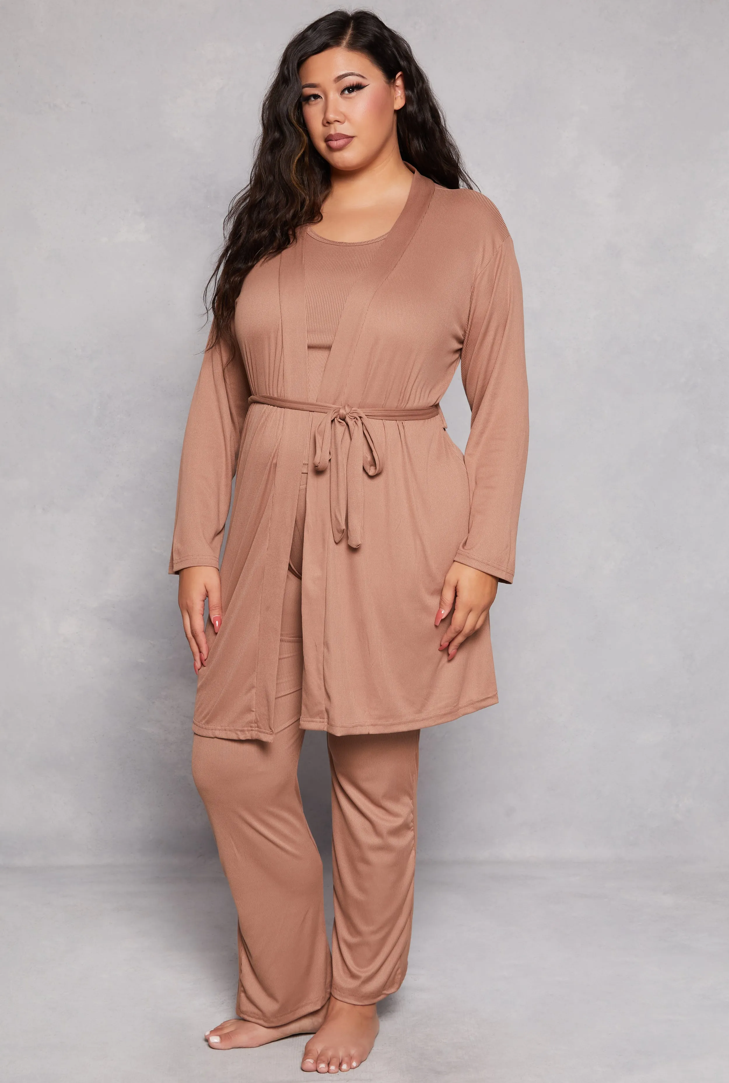 Plus Size Basic Pajama Tank Top and Pants with Robe sold by Rainbow