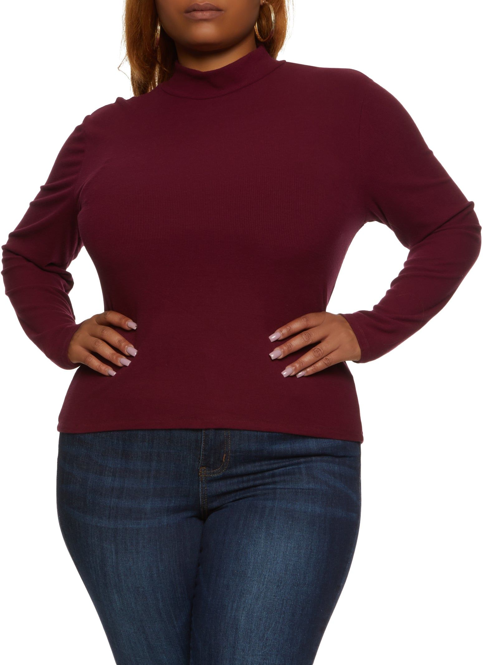 Plus Size Ribbed Knit Mock Neck Long Sleeve Top sold by Rainbow