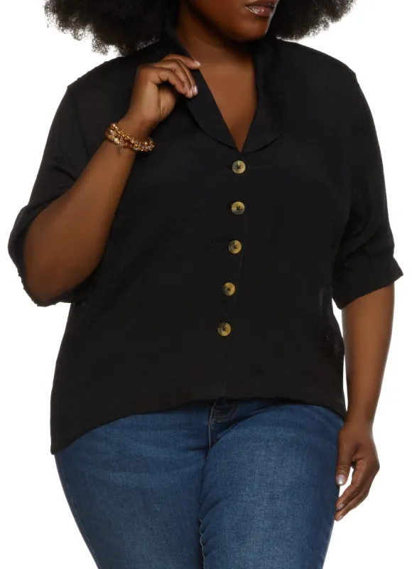 Plus Size Gauze Knit Quarter Sleeve Button Front Top sold by Rainbow