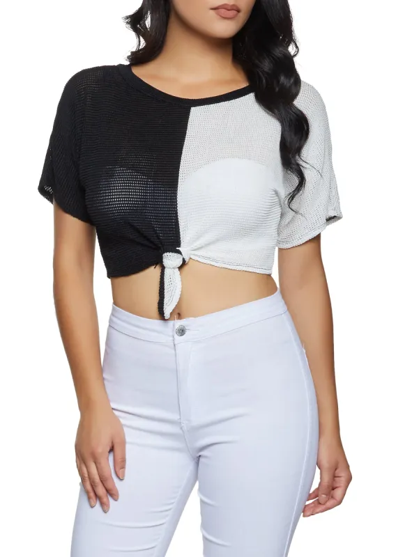 Color Block Tie Front Crop Top sold by Rainbow