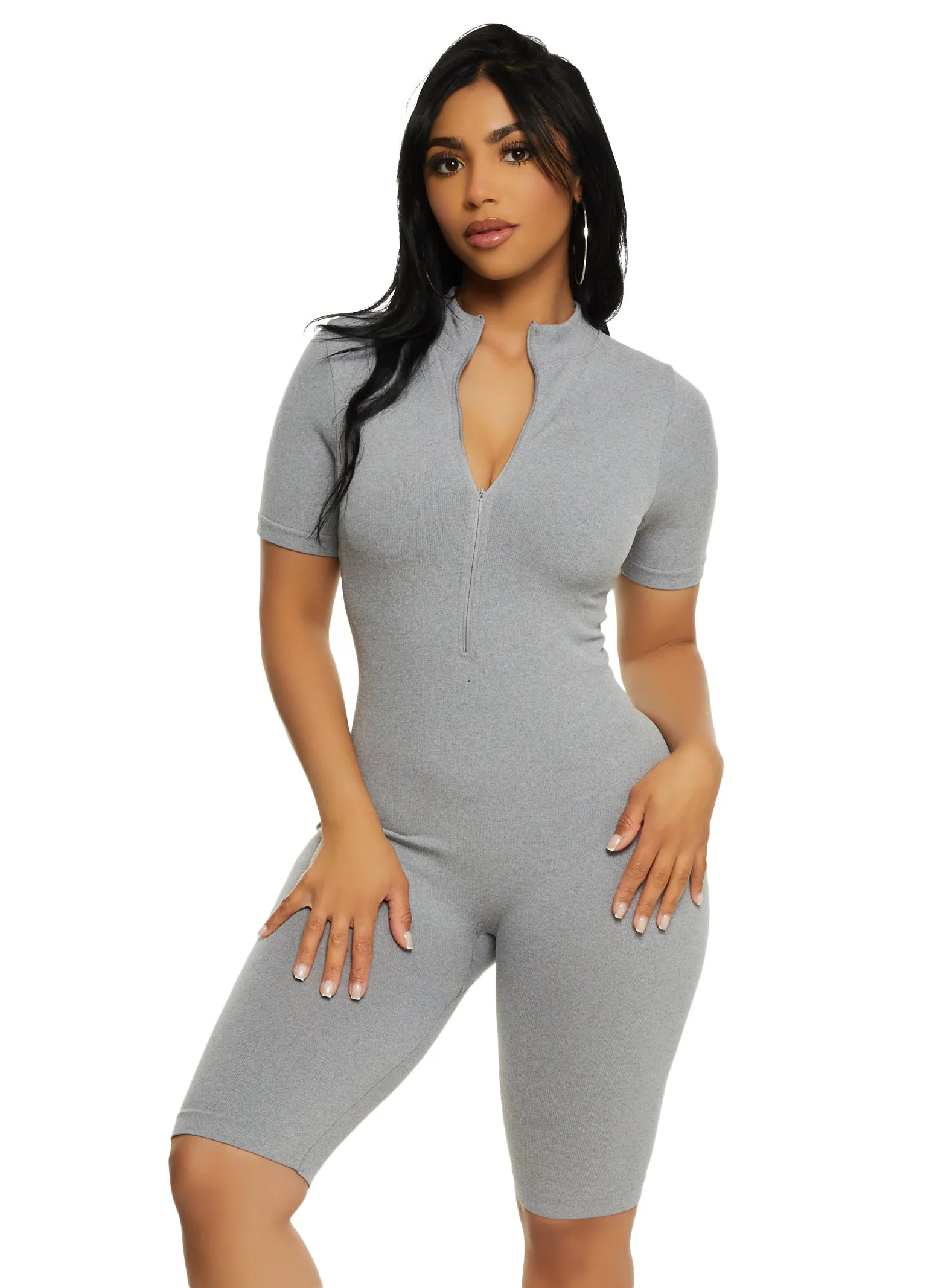Seamless Ribbed Zip Front Romper sold by Rainbow