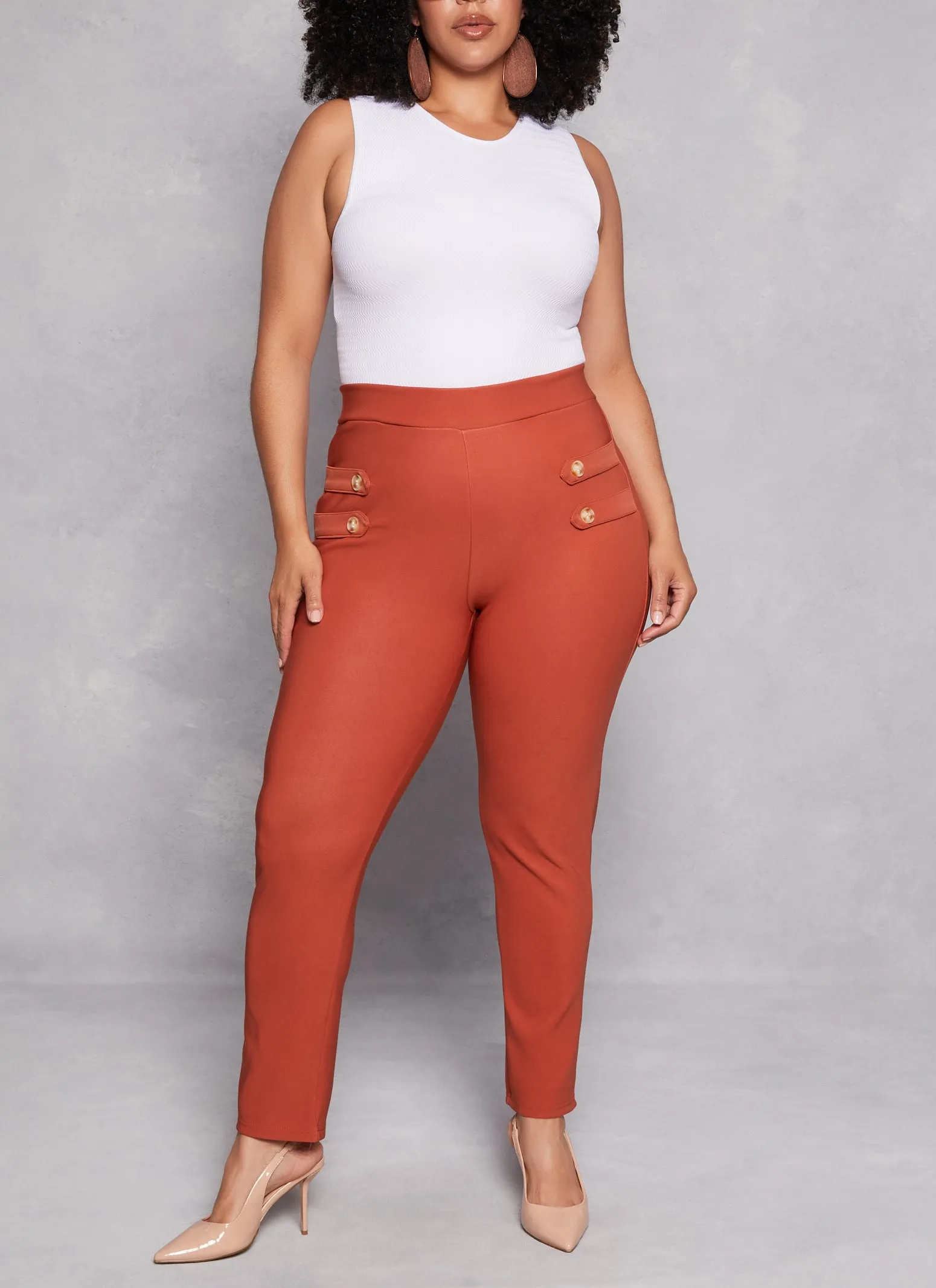 Plus Size Four Button Detail High Waist Pants sold by Rainbow