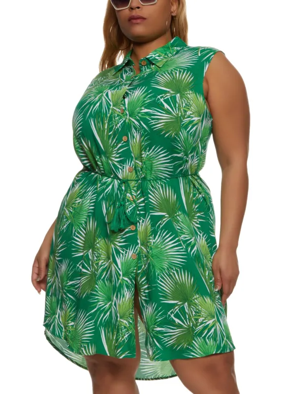 Plus Size Sleeveless Palm Printed Button Front Shirt Dress sold by Rainbow
