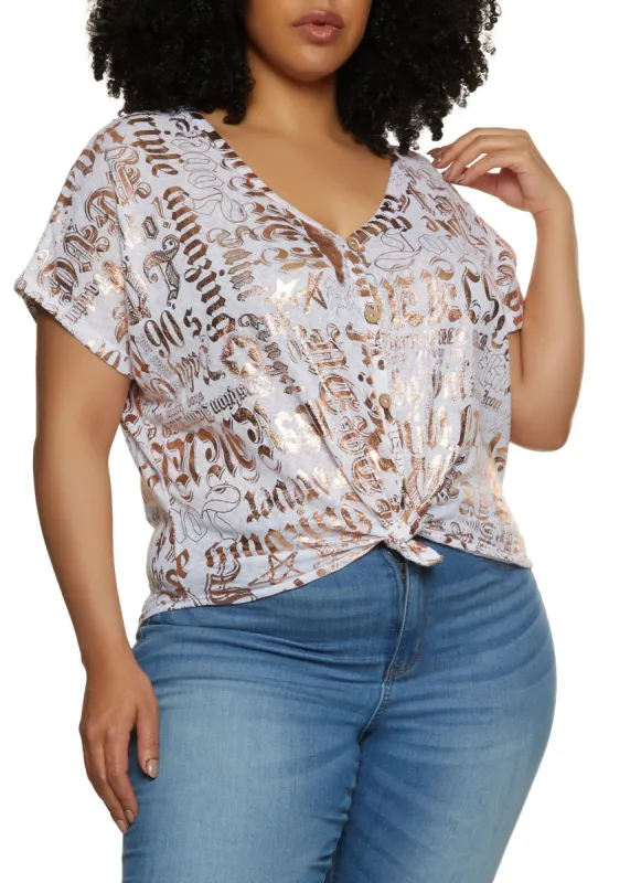 Plus Size Foil Print V Neck Tee sold by Rainbow