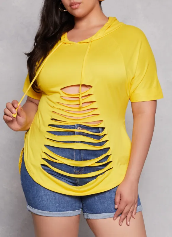 Plus Size Laser Cut Hooded Top sold by Rainbow