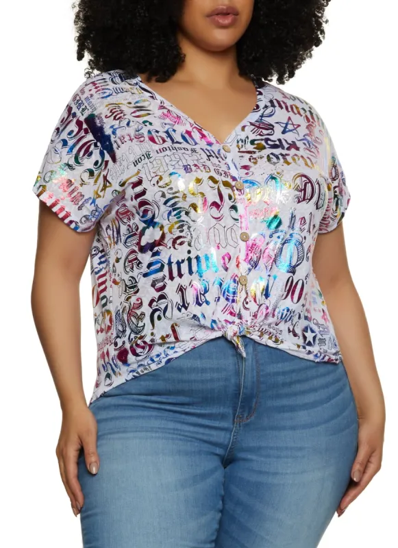 Plus Size Foil Print V Neck Tee sold by Rainbow
