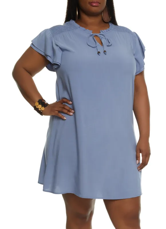 Plus Size Smocked Tie Neck Shift Dress sold by Rainbow