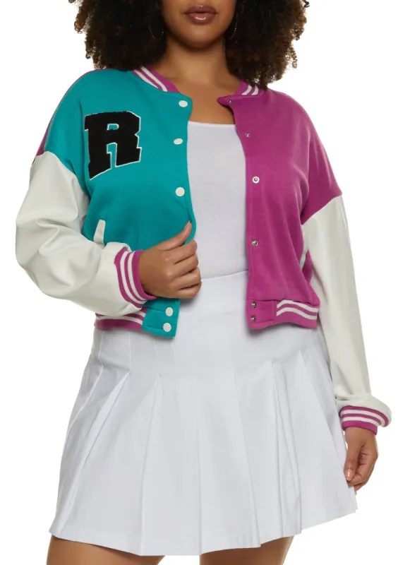 Plus Size Color Block Chenille Patch Cropped Varsity Jacket sold by Rainbow