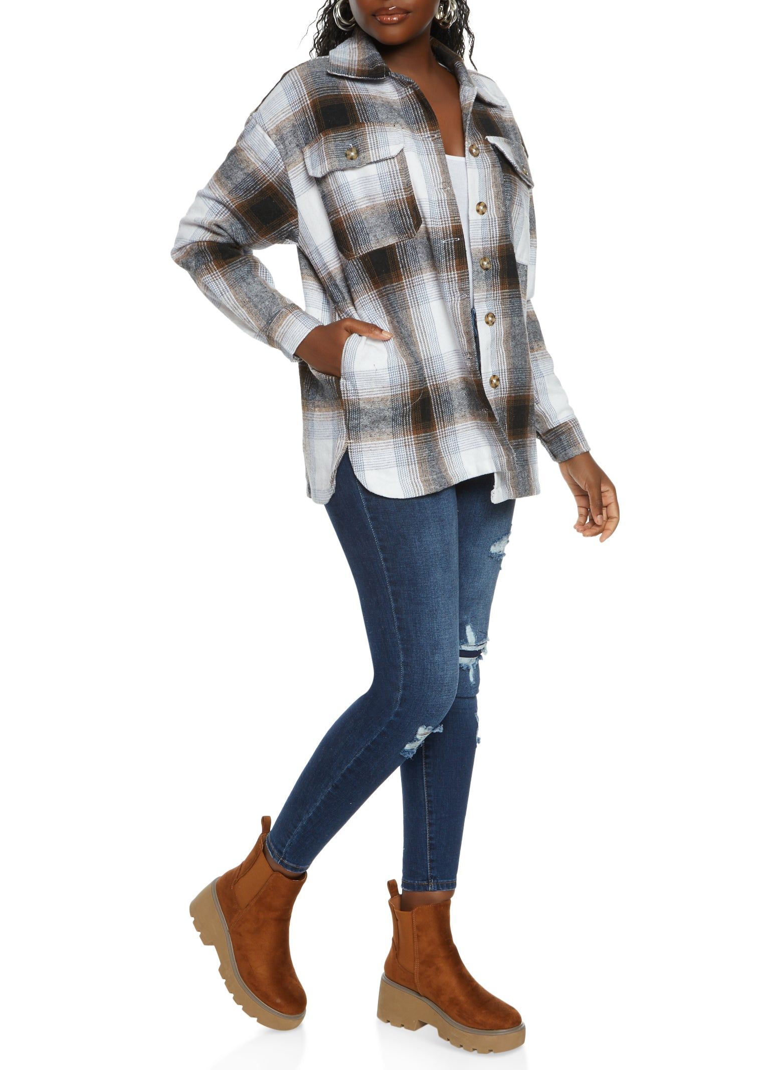 Plaid Brushed Knit Button Front Shacket sold by Rainbow product image thumbnail 2