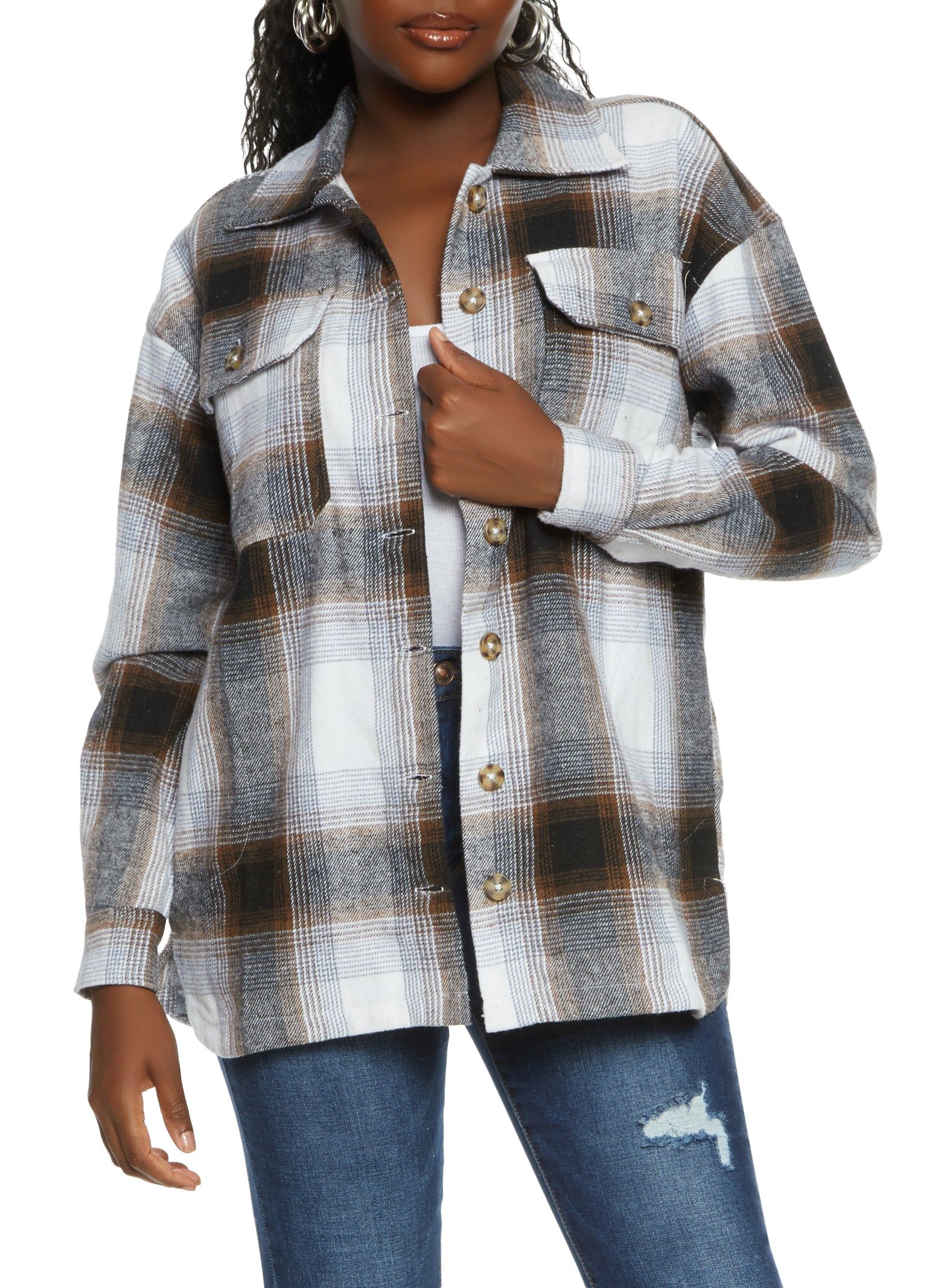 Plaid Brushed Knit Button Front Shacket sold by Rainbow