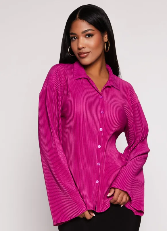 Plisse Button Front Bell Sleeve Shirt sold by Rainbow