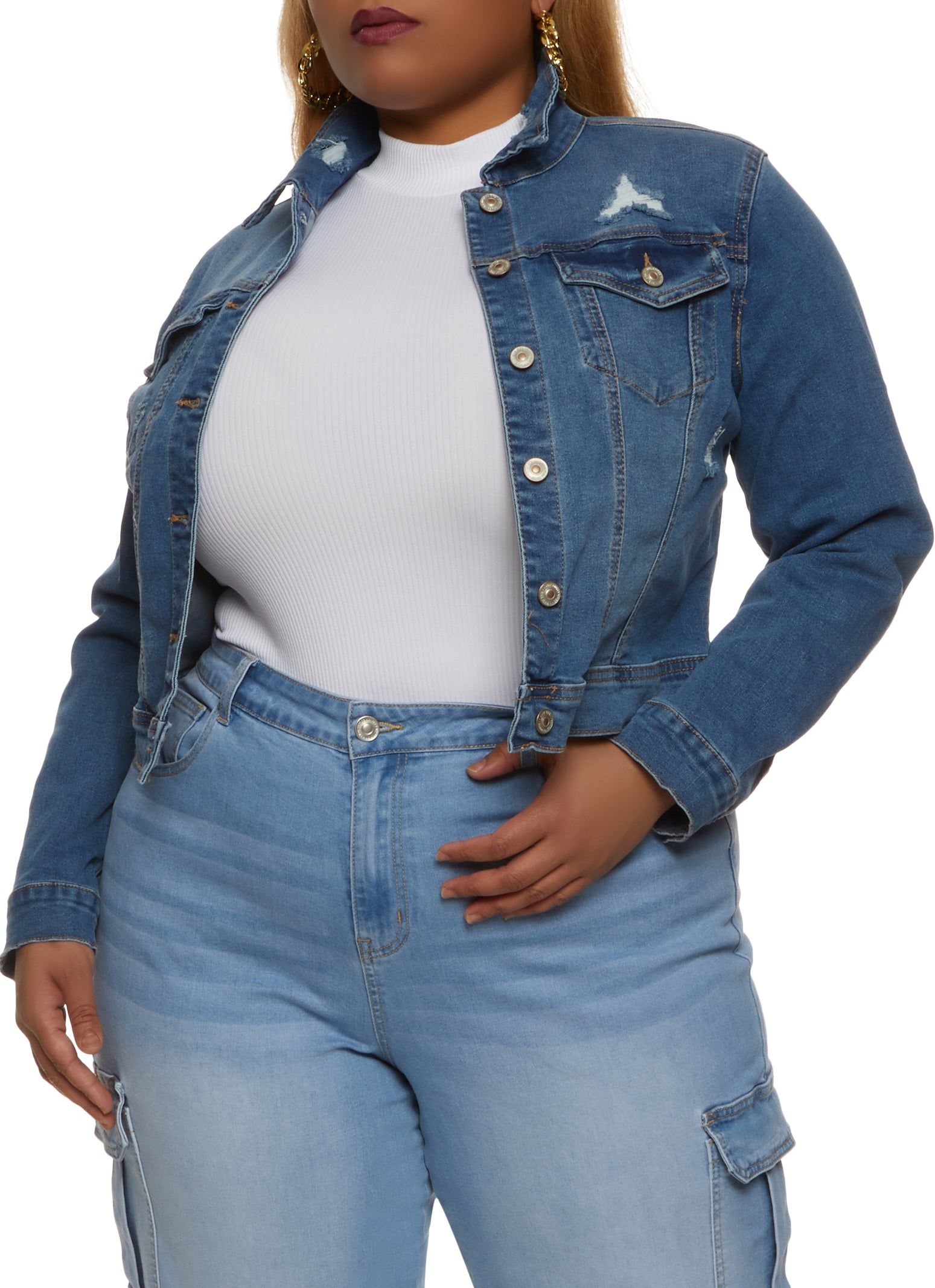 Plus Size WAX Distressed Cropped Jean Jacket sold by Rainbow