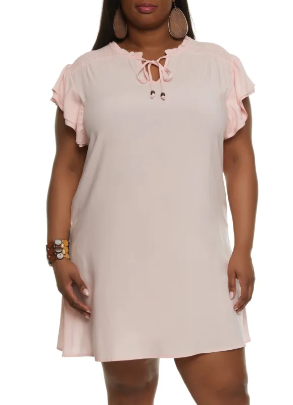 Plus Size Smocked Tie Neck Shift Dress sold by Rainbow
