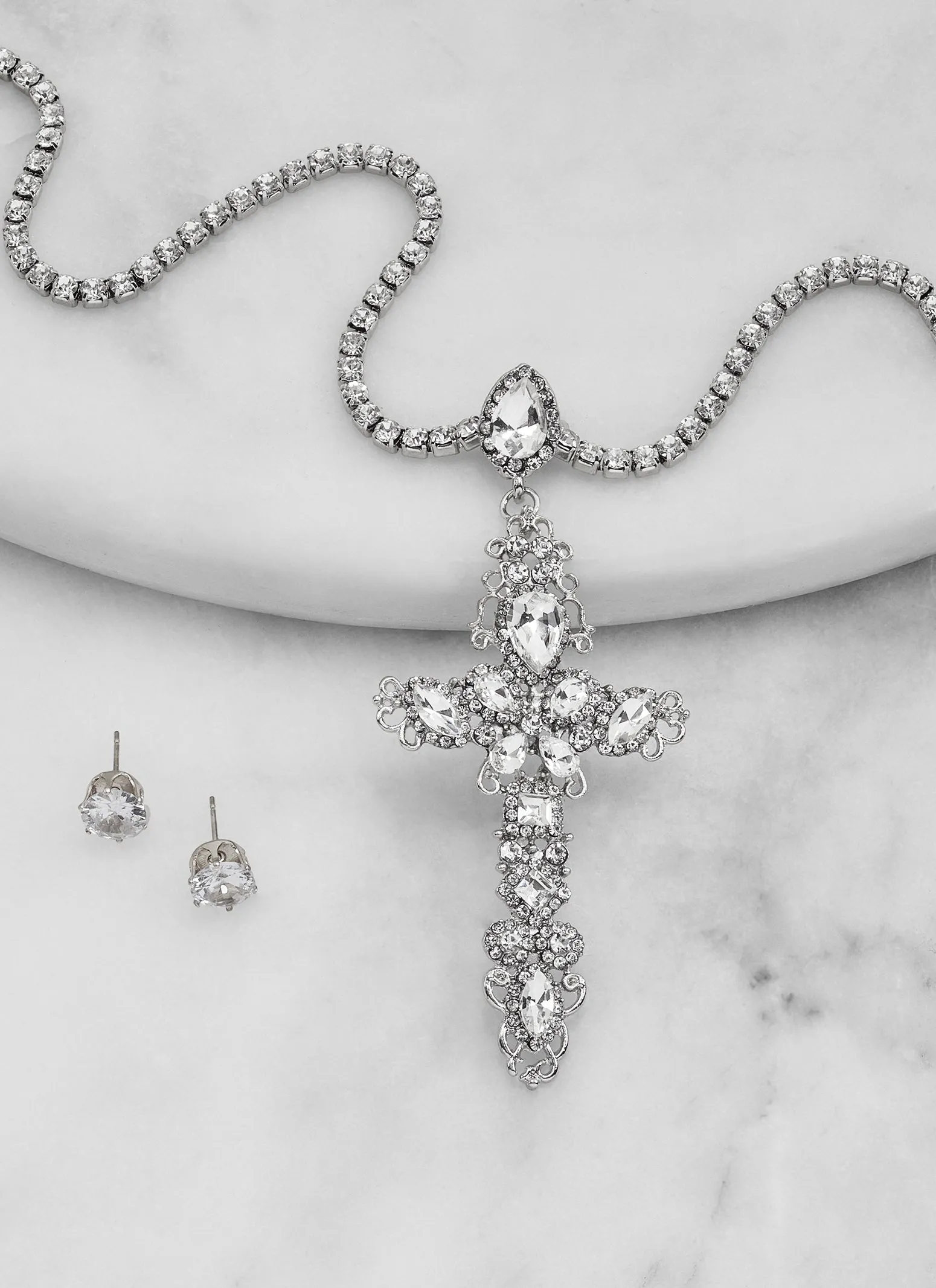 Cubic Zirconia Cross Necklace with Stud Earrings sold by Rainbow product image thumbnail 2