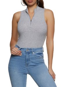 Rib Knit Zip Neck Sleeveless Bodysuit sold by Rainbow