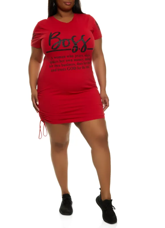 Plus Size Boss Graphic Ruched Shirt Dress sold by Rainbow