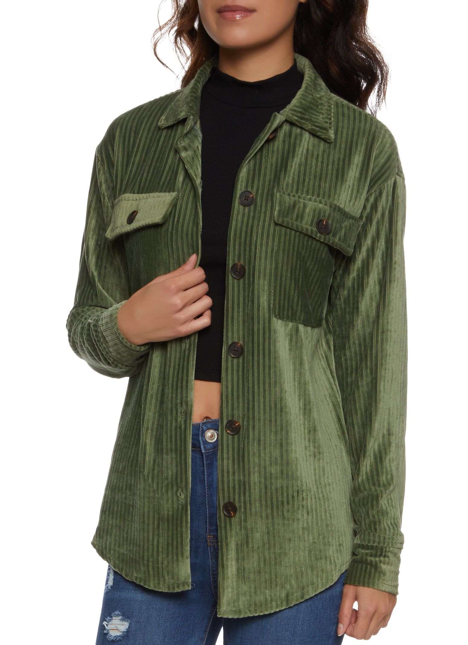 Ribbed Knit Velour Button Front Shirt sold by Rainbow