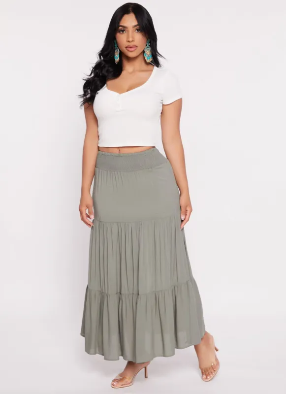 Smocked Waist Tiered Maxi Skirt sold by Rainbow