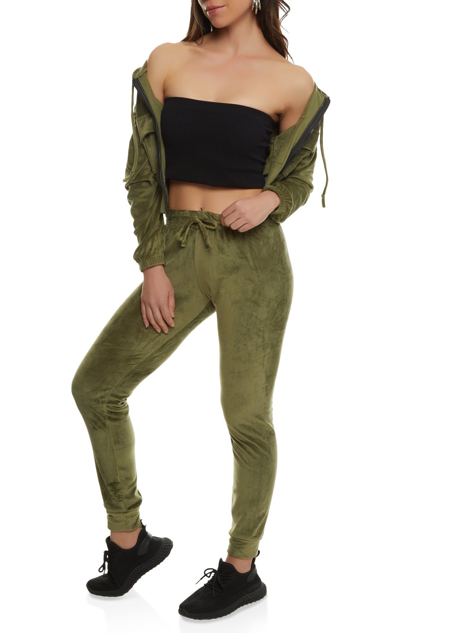 Velour Cargo Pocket Zip Front Cropped Hoodie sold by Rainbow