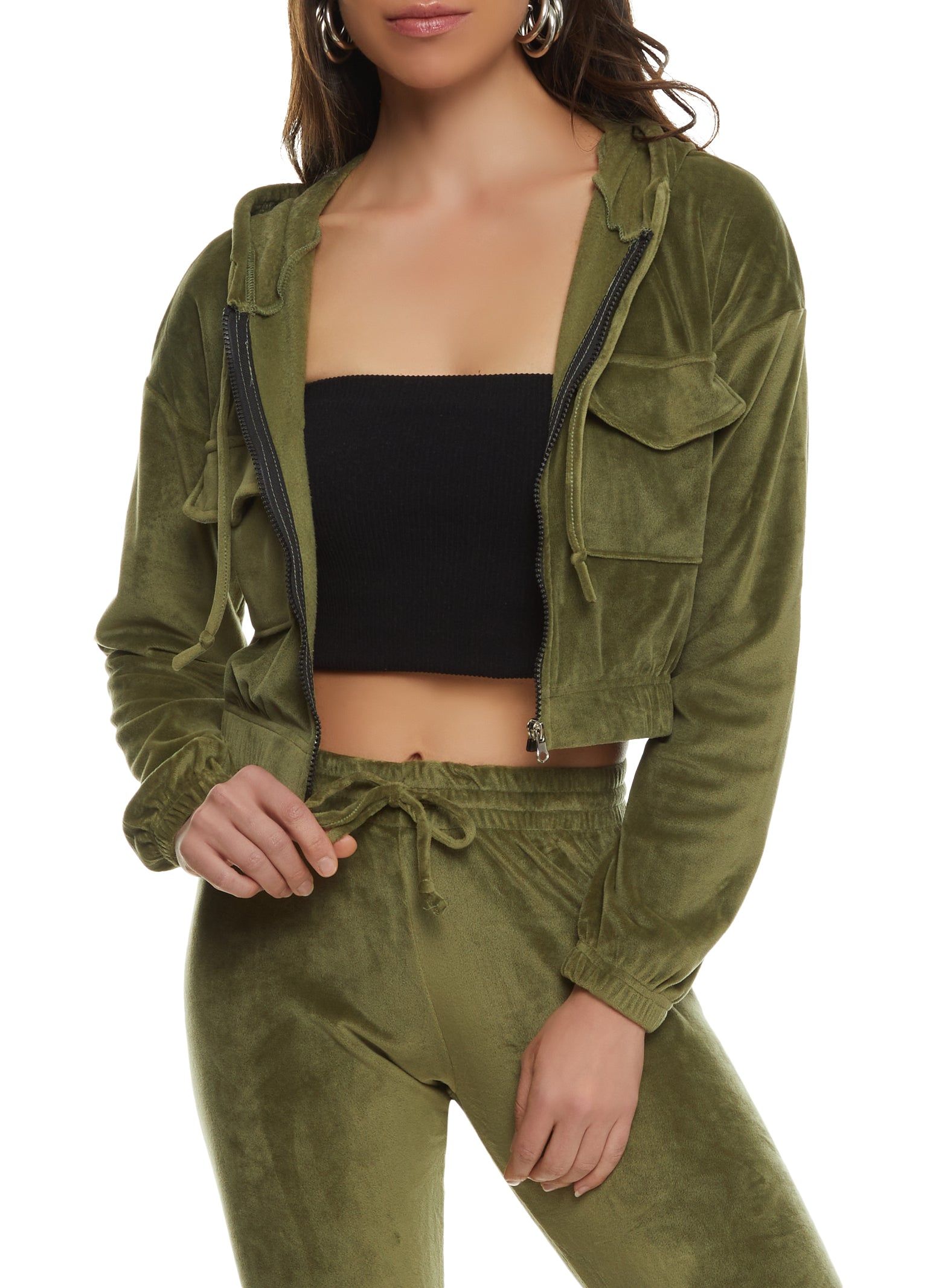 Velour Cargo Pocket Zip Front Cropped Hoodie sold by Rainbow product image thumbnail 2