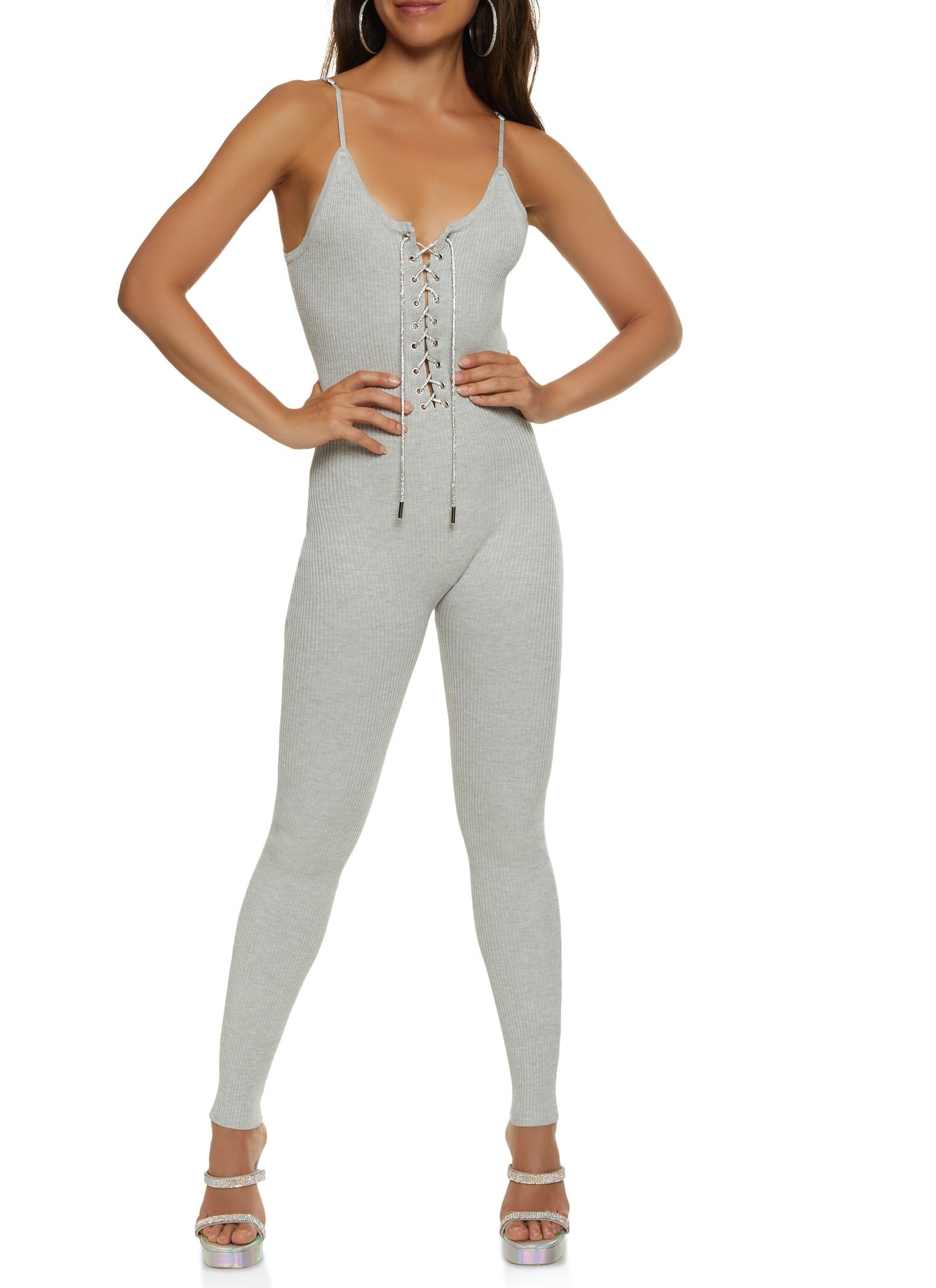 Ribbed Rhinestone Lace Up Jumpsuit sold by Rainbow
