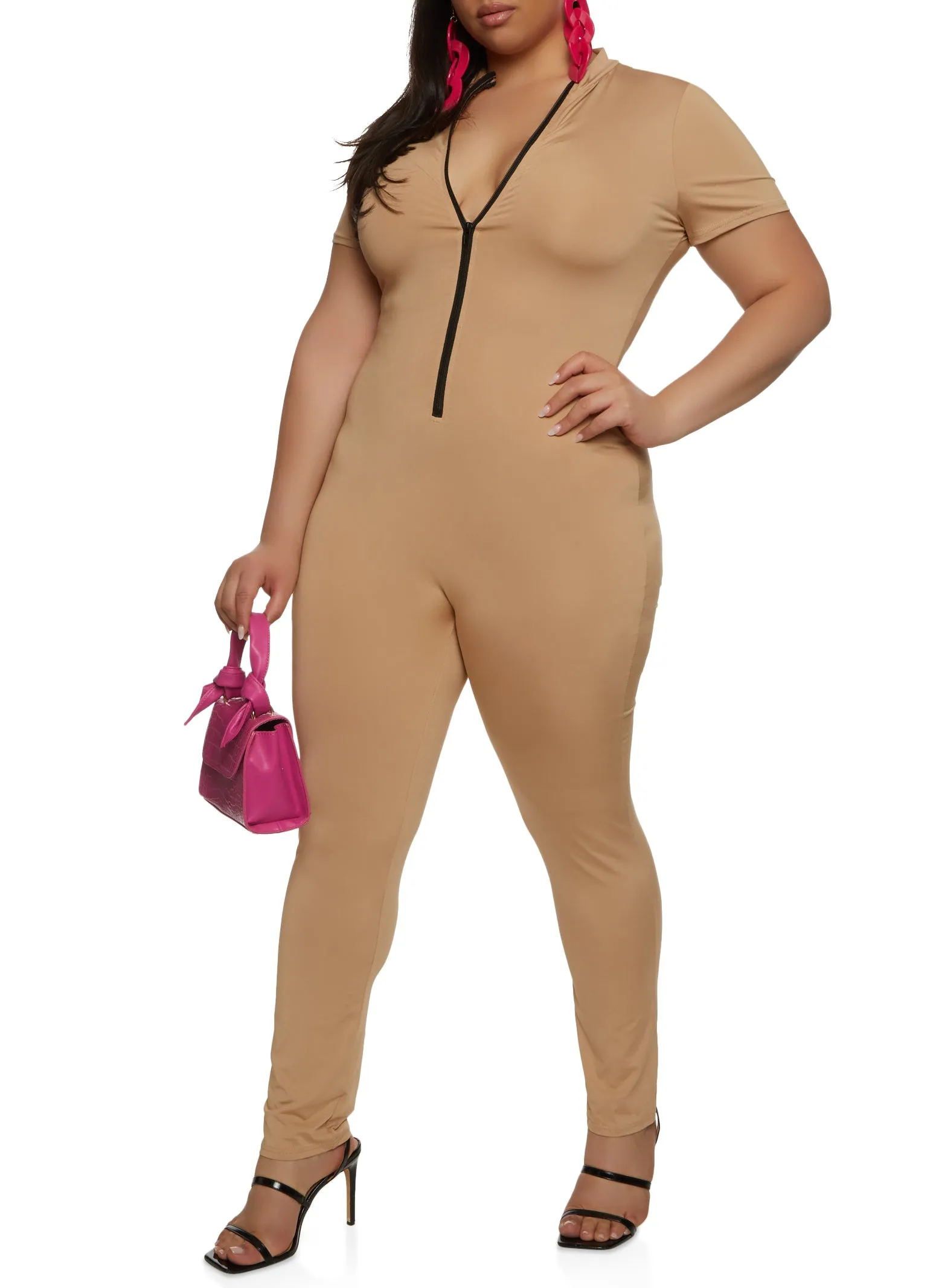 Plus Size Daisy Contrast Half Zip Jumpsuit sold by Rainbow