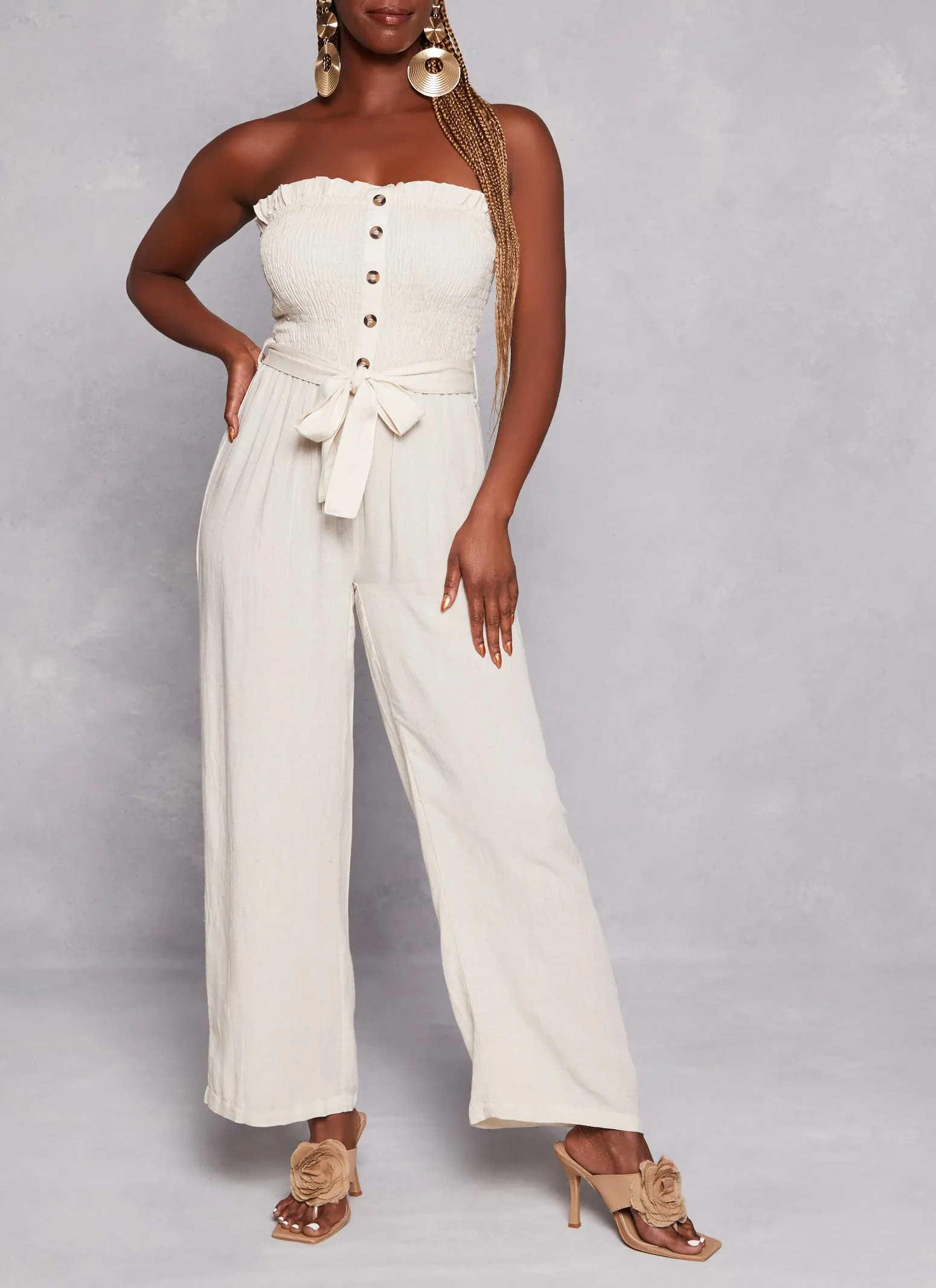 Linen Strapless Smocked Tie Waist Belted Jumpsuit sold by Rainbow
