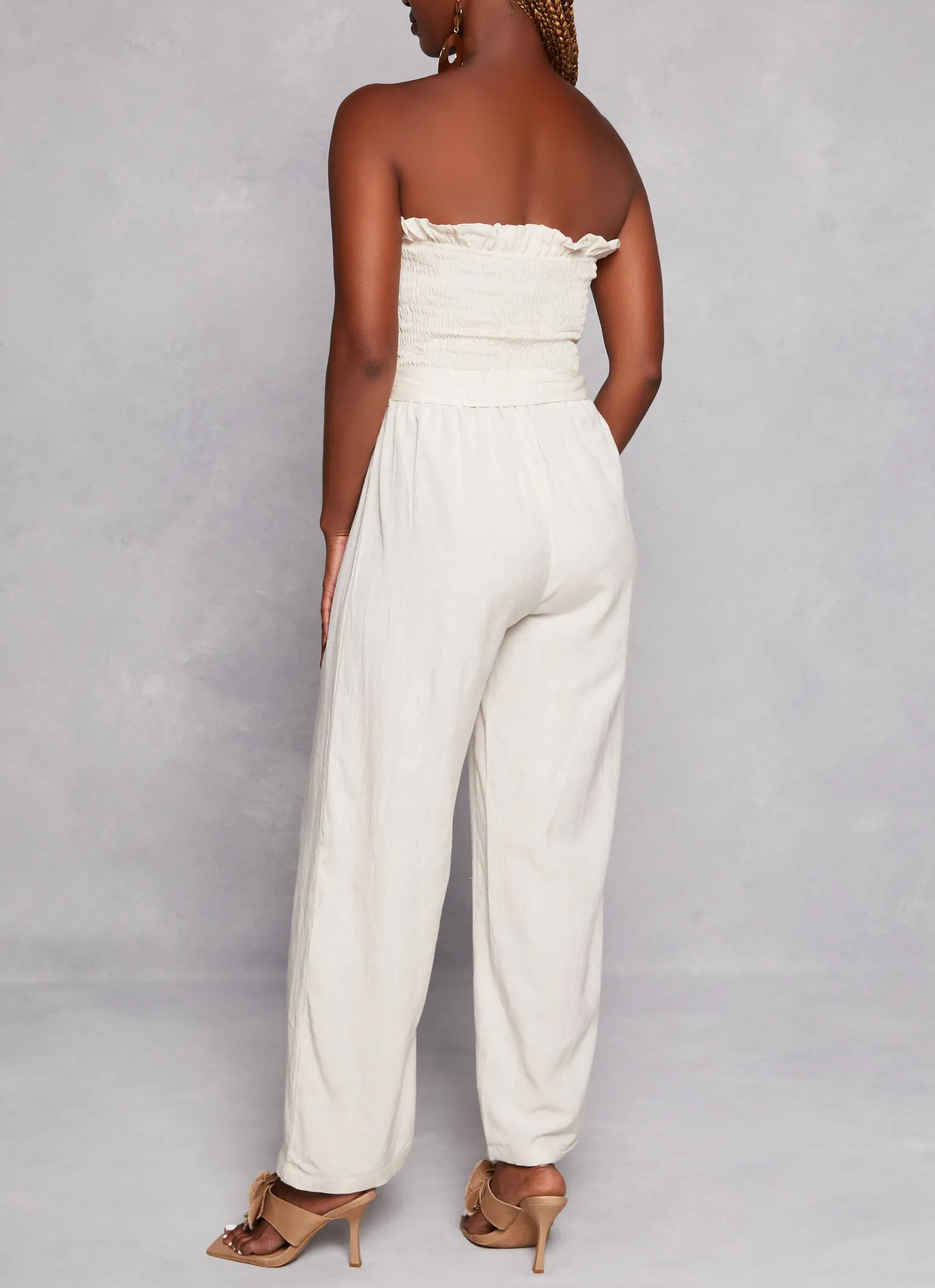 Linen Strapless Smocked Tie Waist Belted Jumpsuit sold by Rainbow product image thumbnail 3