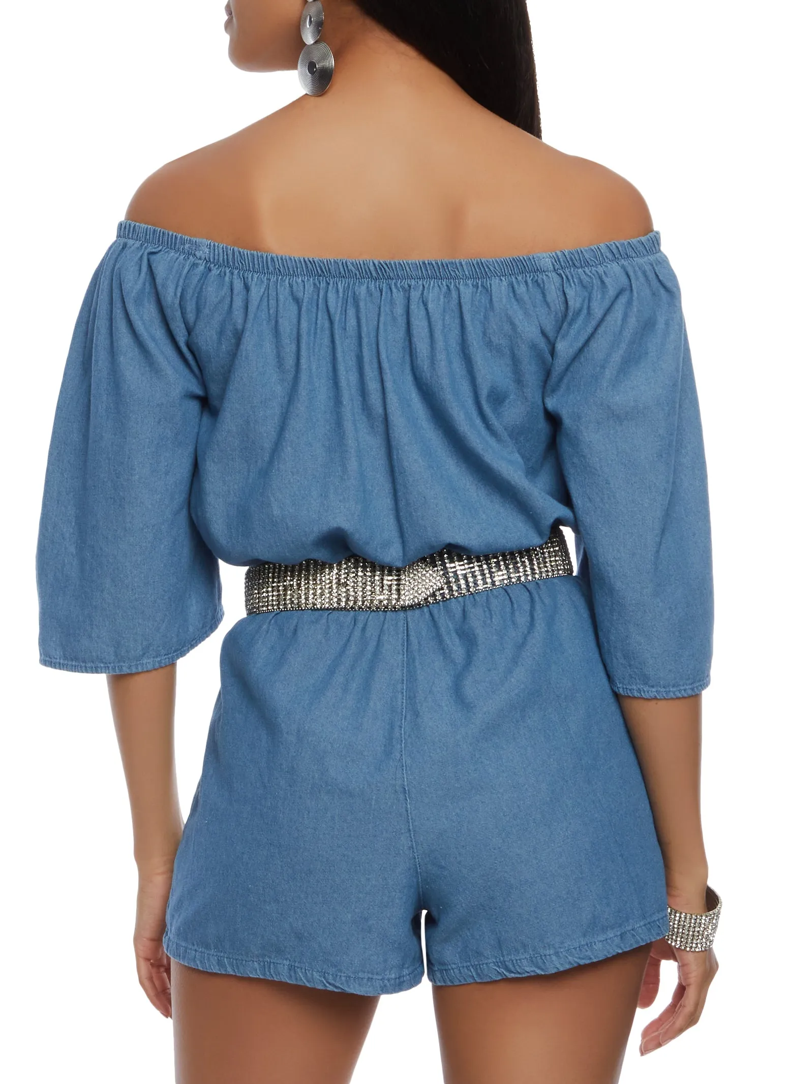 Chambray Off the Shoulder Bell Sleeve Romper sold by Rainbow product image thumbnail 3