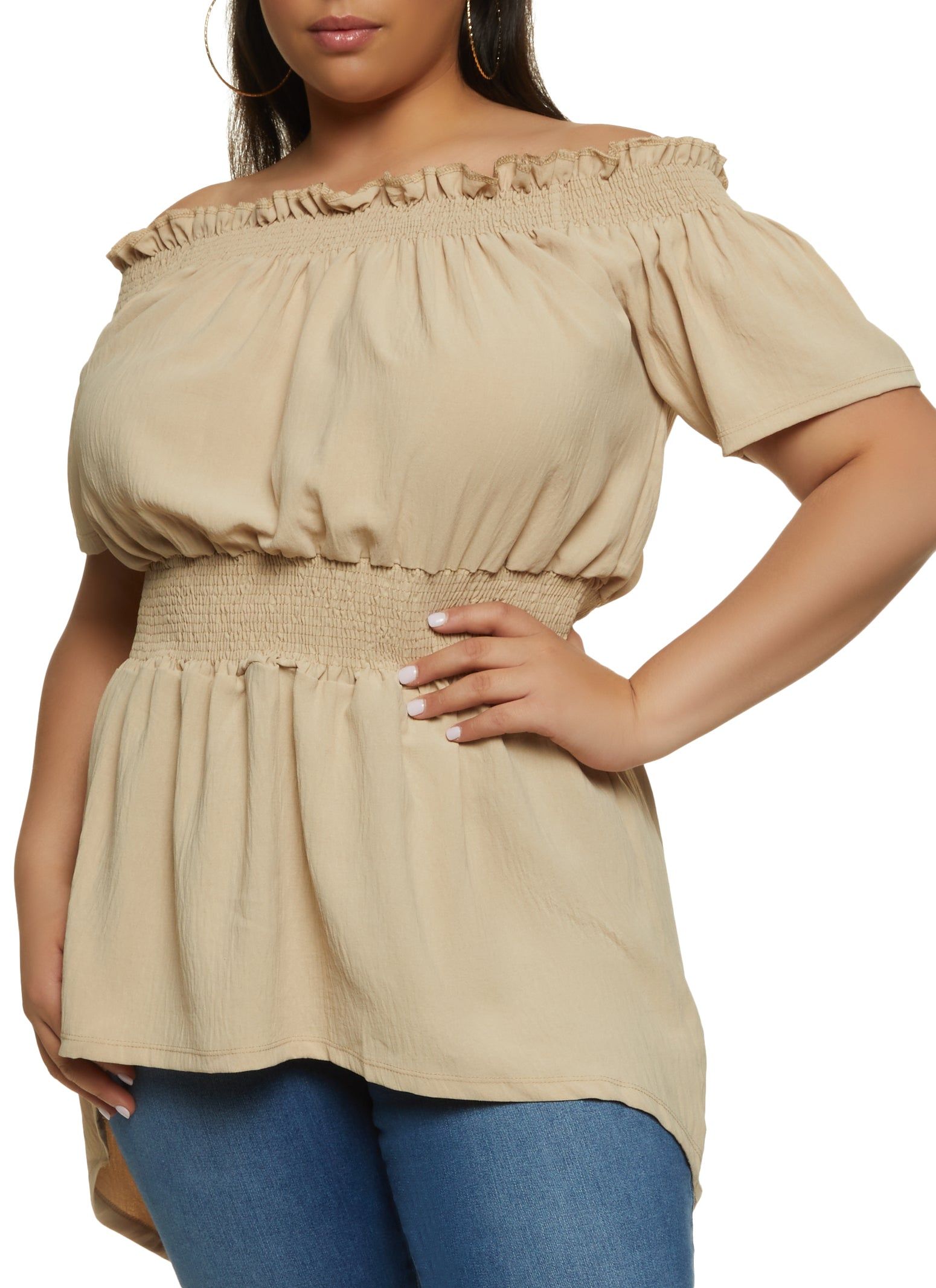 Plus Size Off the Shoulder High Low Smocked Peasant Top sold by Rainbow