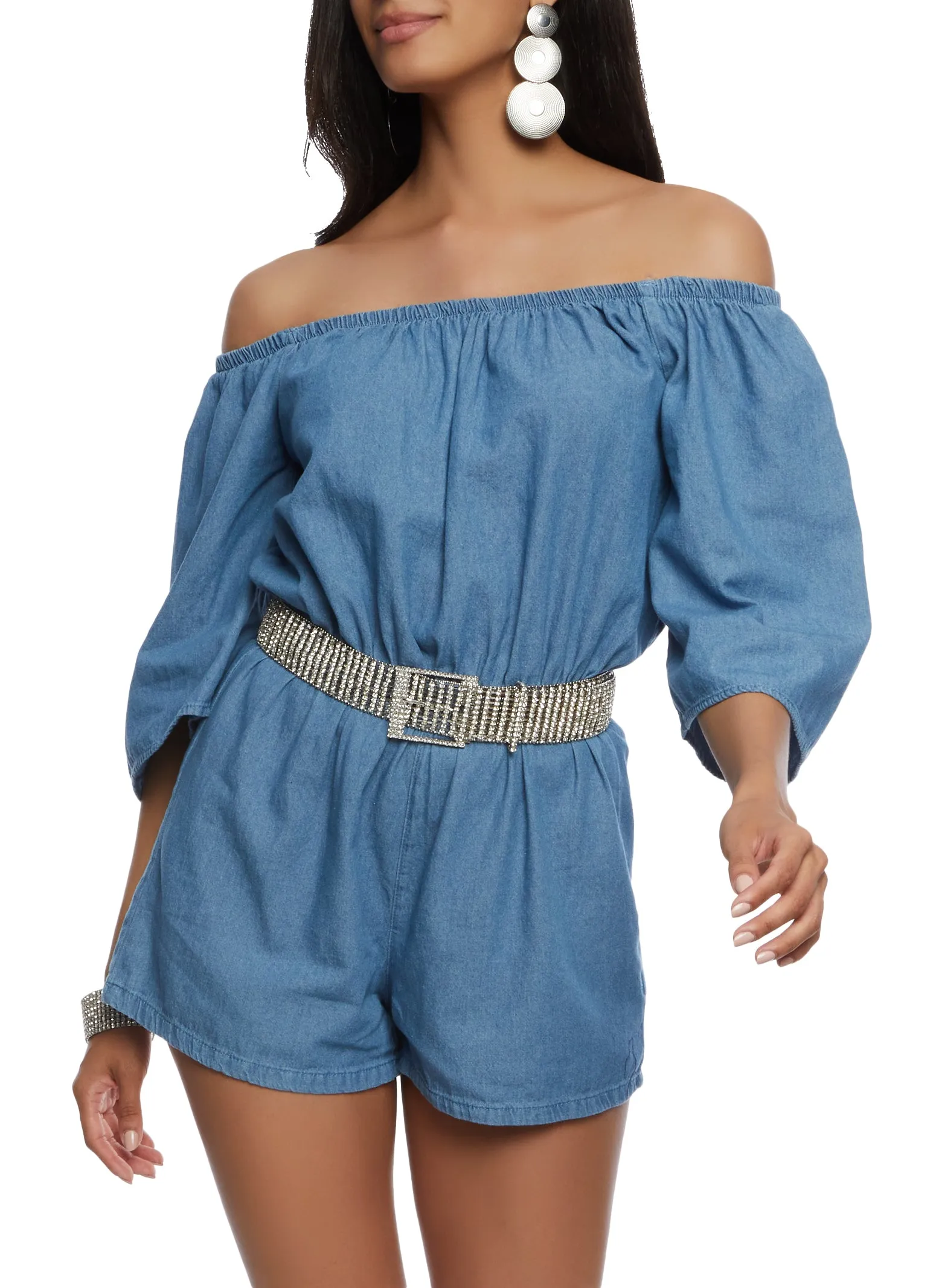 Chambray Off the Shoulder Bell Sleeve Romper sold by Rainbow