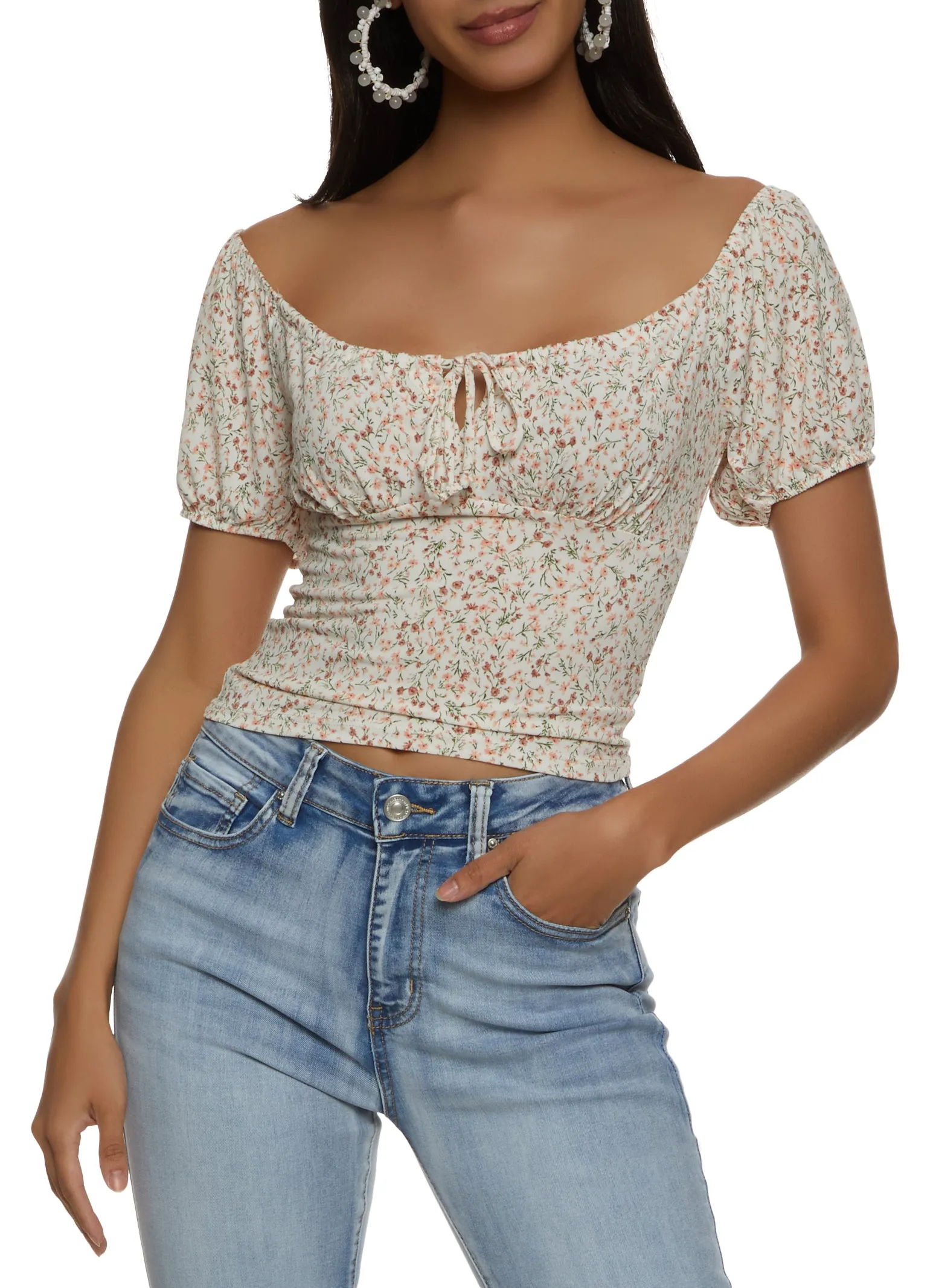 Tie Front Floral Print Peasant Top sold by Rainbow