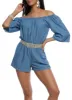 Chambray Off the Shoulder Bell Sleeve Romper sold by Rainbow