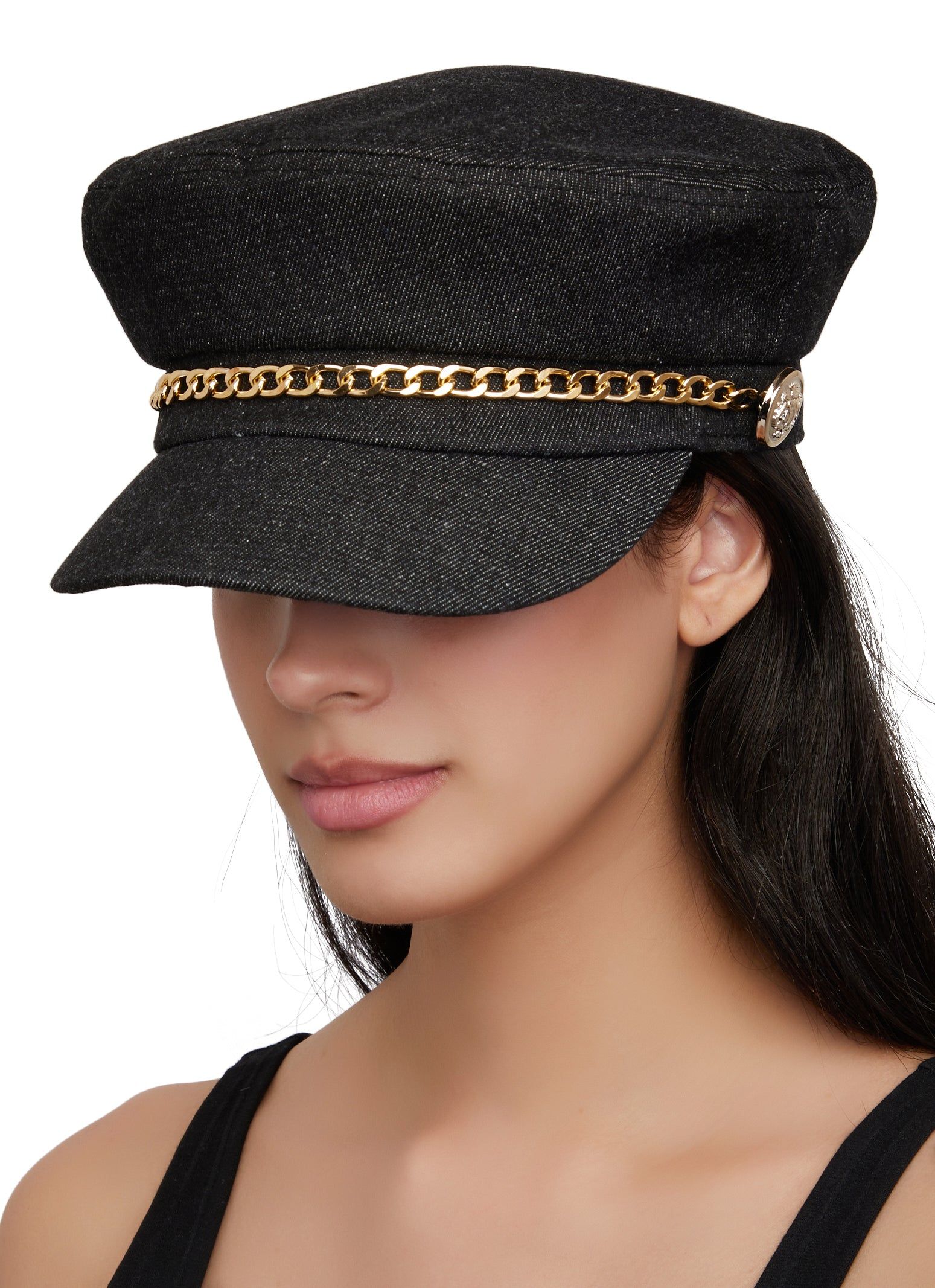 Denim Chain Detail Cabbie Hat sold by Rainbow